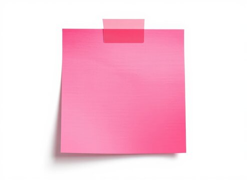 A blank pink square sticky note attached with a piece of pink tape, isolated on white background