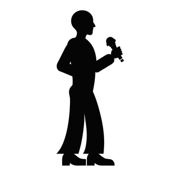 Singer silhouette holding microphone, male performer standing profile view, black vocal artist icon, public speaker vector graphic on white background