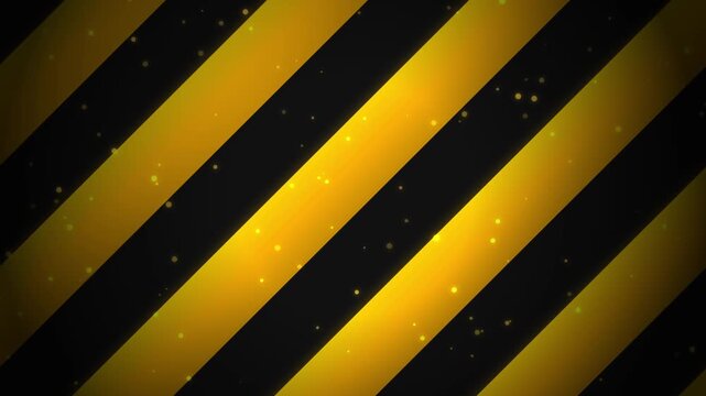 Industrial hazard warning background with yellow and black diagonal stripes. Construction safety zone caution tape pattern. Gritty under construction frame with floating dust particles for video