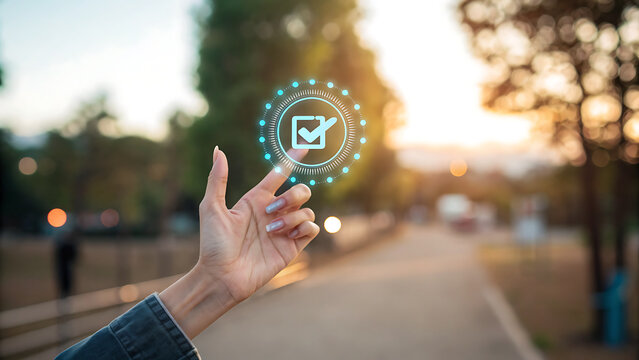 Hand Touching Glowing Checklist Icon Concept for Quality Assurance, Approved Task, and Digital Verification