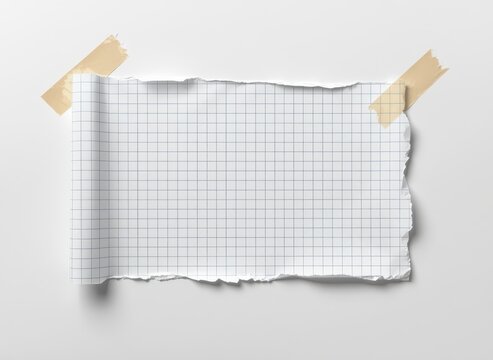 Graph paper strip with torn edges attached by beige adhesive tape isolated on white background
