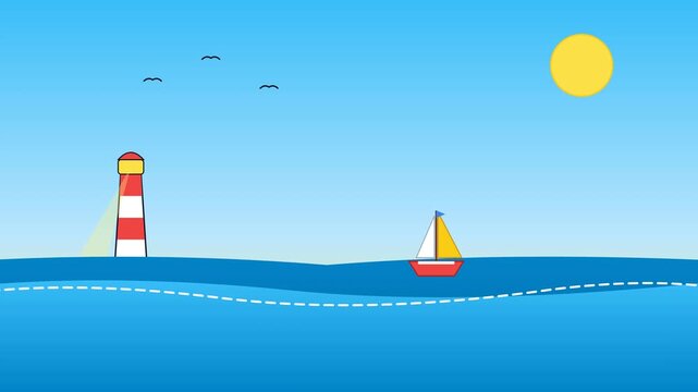 Minimalist vector illustration of a lighthouse and a sailboat on the blue ocean under a bright sun.