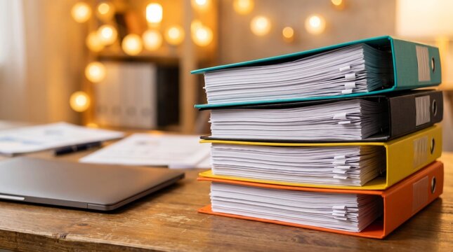 Stack of vibrant multicolored ring binders holding organized white paper documents sitting neatly on a dark wooden office work desk