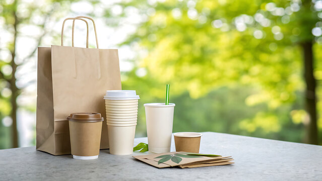 Eco-Friendly Takeaway Food Packaging and Paper Coffee Cups with Kraft Bag on Outdoor Table