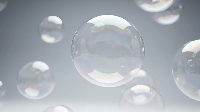 Floating soap bubbles with iridescent colors moving gently in soft grey studio lighting captured in high quality digital video footage clip motion background