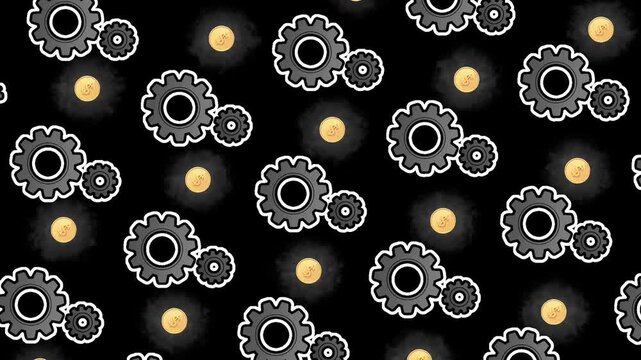 Seamless looping motion pattern featuring interlocking gray gears with crisp white outlines and glowing golden dollar coins scattered across deep black background.