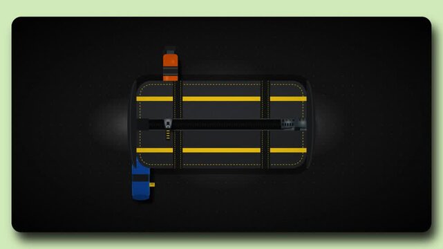 Top down 2d animation of packing travel bag with accessories