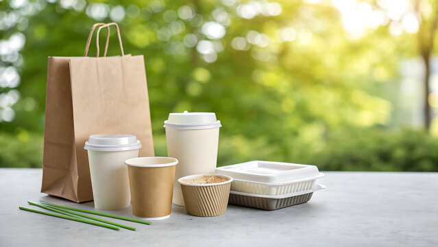 Eco-Friendly Takeaway Food Packaging and Paper Coffee Cups with Kraft Bag on Outdoor Table