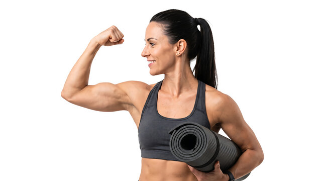 Strong fit woman flexing biceps muscle with yoga mat illustration vector isolated transparent background