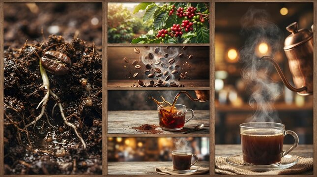 Coffee bean growth and brewing process displayed in a grid format