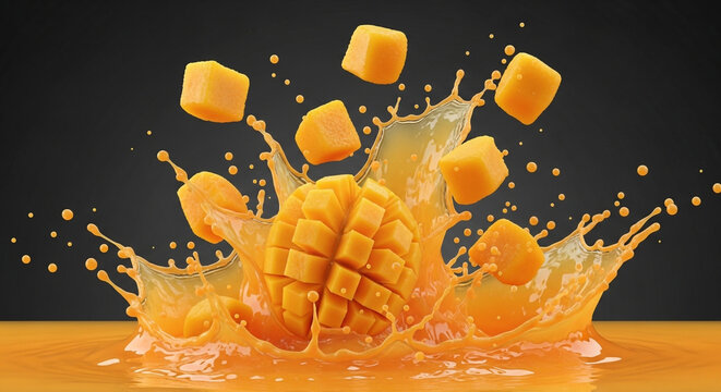 Fresh mango fruit splashing in juice with cubes, vibrant yellow