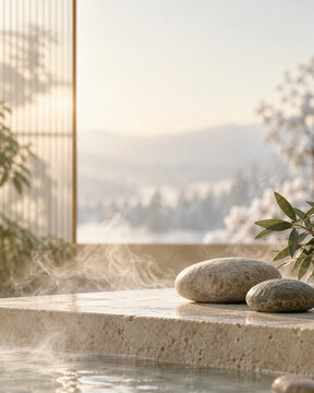 Serene winter spa stones and steam with copy space