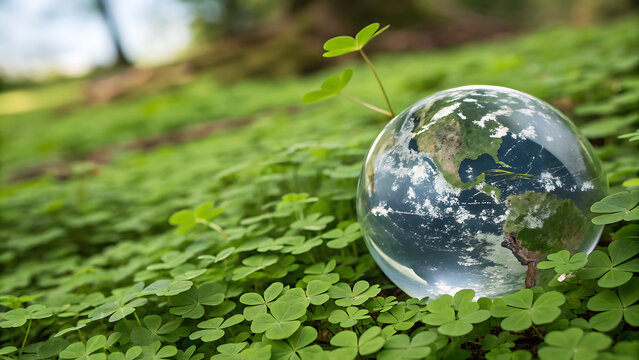 Glass Globe resting on lush green clover lawn for environmental, ecology, and sustainability concepts