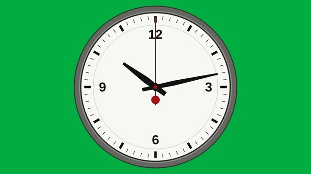 Analog wall clock running fast on green screen, flat white clock face with black hands and red second hand, time passing