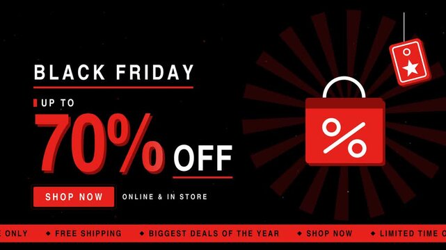 Black Friday sale up to 70% off banner animation, red shopping bag with percent sign and scrolling ticker on black background