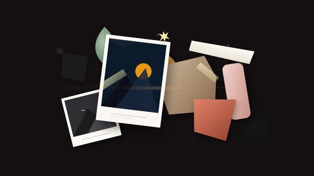 Animated polaroid photo collage with floating geometric shapes and pastel elements