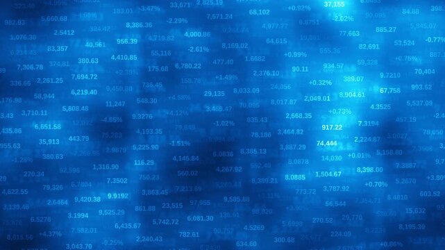 Financial data numbers scrolling up on blue background, stock market prices and percentages with soft glow and depth of field