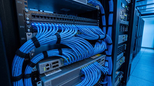 Network server rack with organized blue ethernet cables connected to patch panels and switches in a modern data center facility