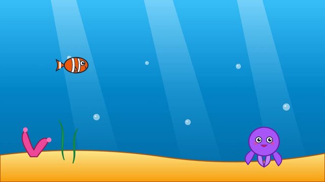 Cartoon illustration of a cute clownfish and purple octopus swimming in the deep blue ocean.
