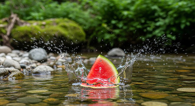 watermelon slice splashing into clear river water on rocky shore
