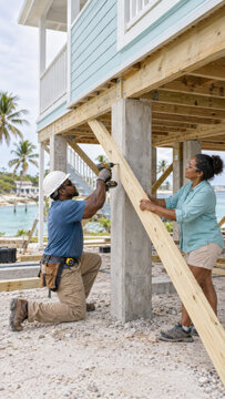 Two construction workers install wooden supports beneath an elevated house near a tropical waterfront. The scene shows teamwork and residential construction in progress.