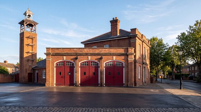 Fire station frontage with red engine bay doors and hose tower