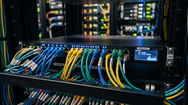 Closeup of a cisco catalyst 9300 network switch in a server rack with blue and yellow ethernet cables connected to ports