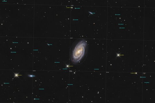 Labelled Messier 109 barred spiral galaxy with bright core and spiral arms in Ursa Major