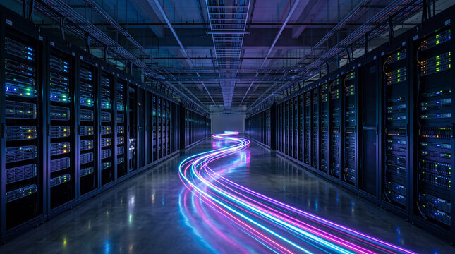 Futuristic data center server room with glowing light trails representing high speed digital information flow and cloud computing technology
