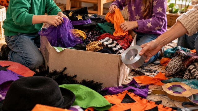 Family sorting homemade Halloween costumes from craft box