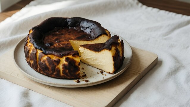 Basque Burnt Cheesecake with Creamy Center on White Linen