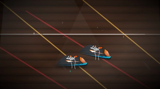 Animated sports sneakers standing on a wooden floor with diagonal lines