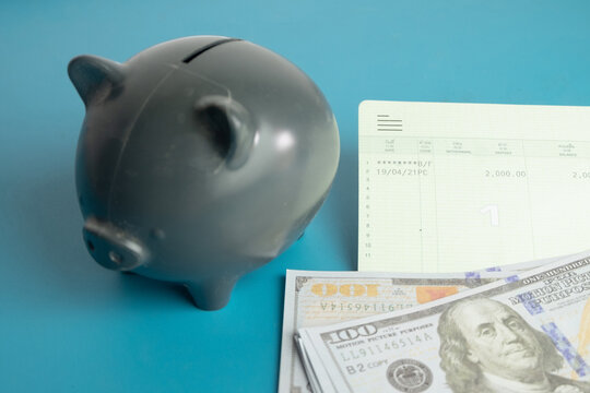 Close up of a grey piggy bank with a bank savings passbook and US dollar bills on a blue background. Concept of personal finance, saving money for future goals, wealth management and retirement fund.