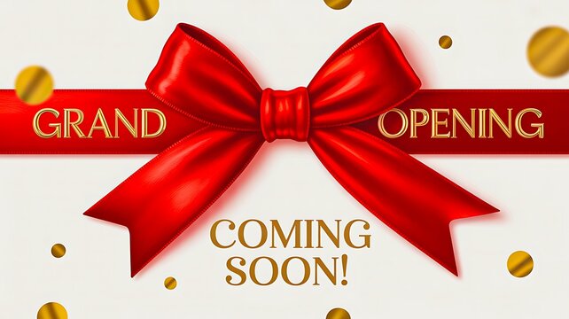 Grand opening coming soon banner with red bow and golden festive decorations
