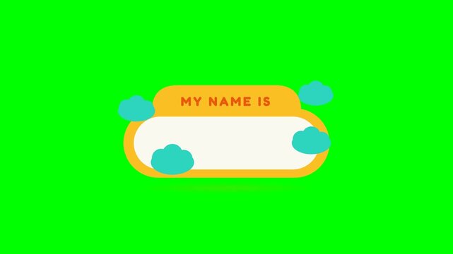 Cute cartoon style name tag sticker with clouds on a green screen background.
