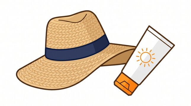 Straw hat and sun protection cream tube summer vacation concept with beach accessories