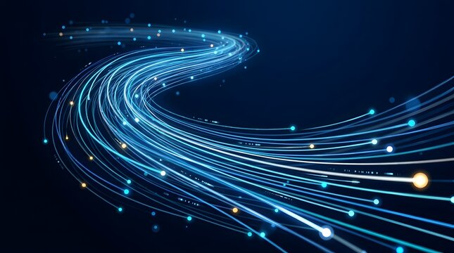 Glowing blue fiber optic light trails swirling on a dark background representing high speed data transfer and fast network connection