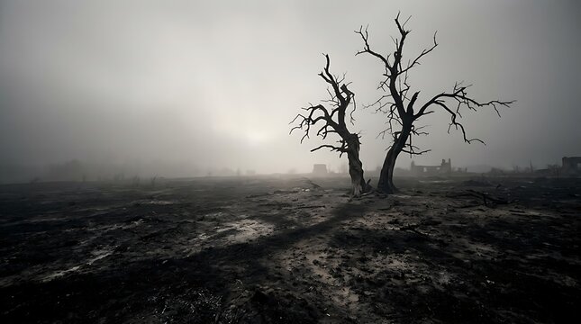 Dead trees barren landscape photo in dark foggy atmosphere