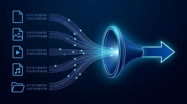 Digital funnel processing diverse file types into a unified binary data stream directed by a glowing blue arrow