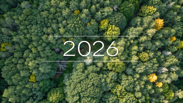 Aerial Top Down View of Dense Green Forest Canopy with 2026 Text Overlay