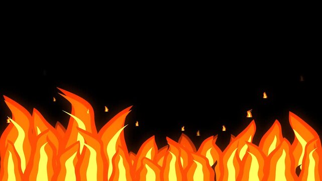 Cartoon fire flames burning on black background, flat 2D orange and yellow flame border with rising sparks, seamless loop