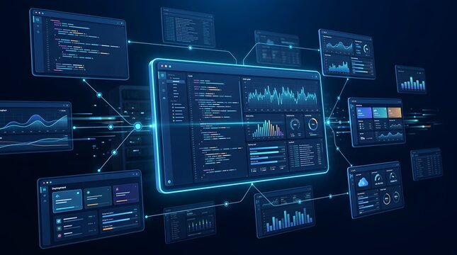 Central dashboard screen connected to multiple data panels showing coding and analytics network in a dark blue technological environment