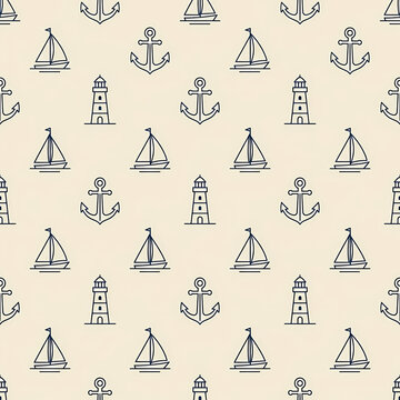 Minimalist line art sailboats anchors and lighthouses on ivory seamless pattern background