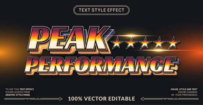 Peak Performance 3D editable text effect vector template for sports posters, gym motivation banners, athletic flyers, and automotive graphics. Fully customizable graphic style.