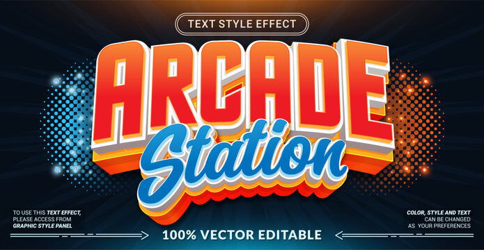 Arcade Station 3D editable text effect vector template for retro gaming posters, video game flyers, esports banners, and interactive zone graphics. Fully customizable graphic style.