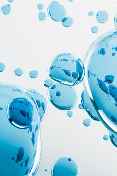 Blue cosmetic serum bubbles with transparent gel texture white background. Hydrating skincare concept with moisturizing liquid droplets and copy space for beauty branding. Close up macro drops.	