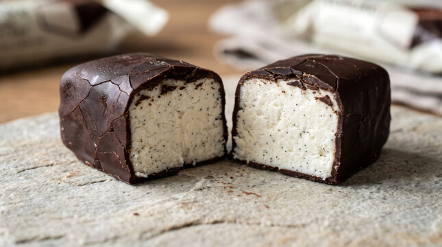 Hyper Realistic 9K Tight Macro Angle Close Up Estonian Kohuke Chocolate Covered Curd Snack Food Photography