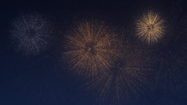 Colorful fireworks exploding in night sky, gold, red, blue and white firework bursts with glowing sparks for celebration