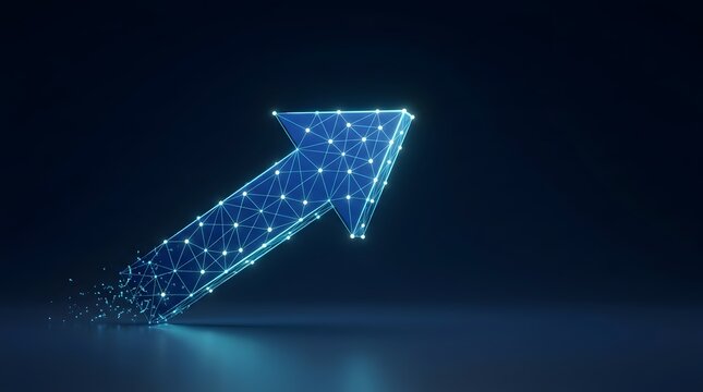 Glowing blue wireframe network arrow pointing upward representing business growth, financial success, and technological advancement concepts.