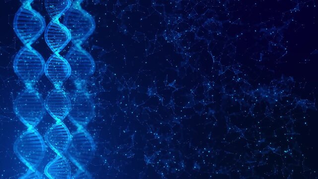 Glowing blue dna double helix rotating in abstract space